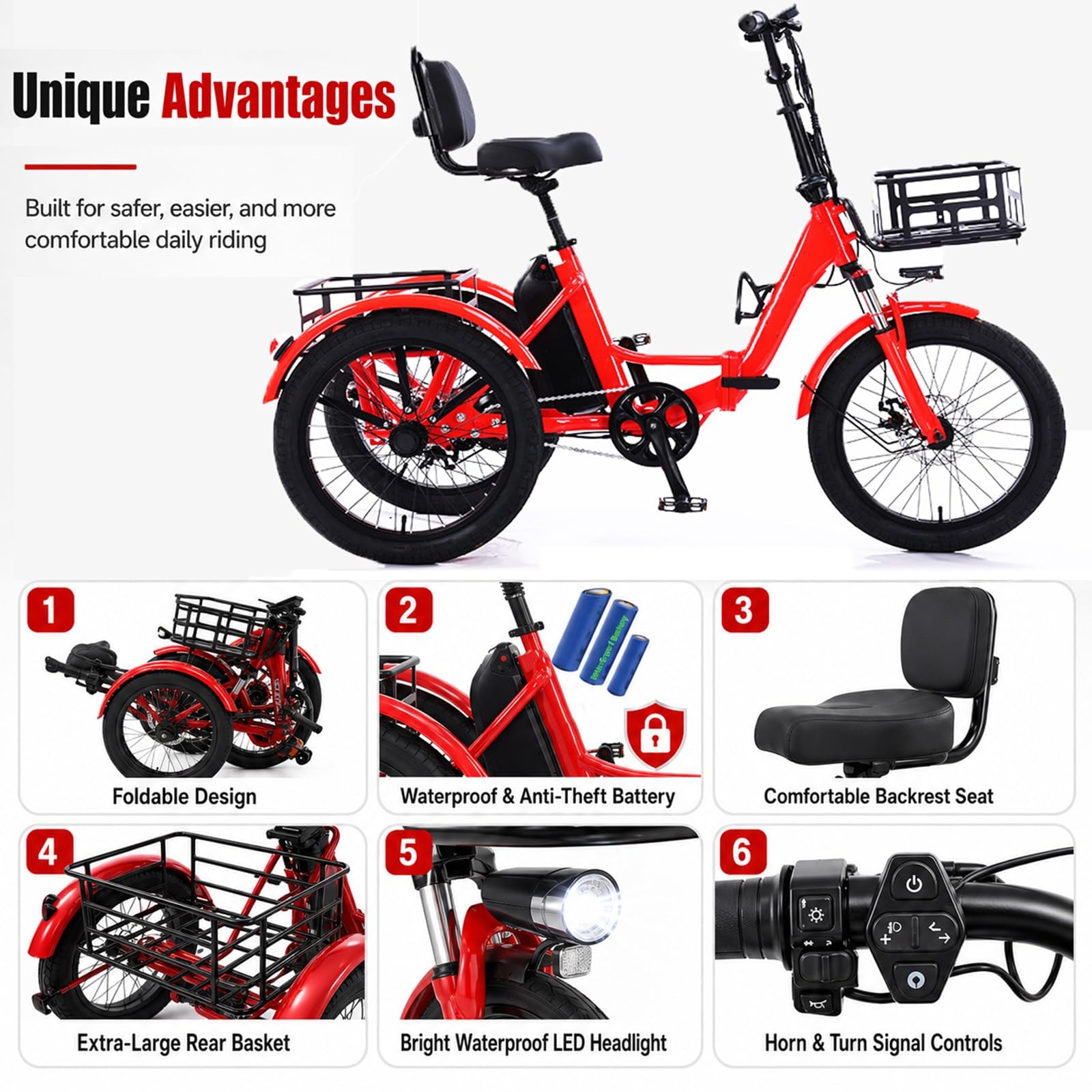 Vélo Électrique À 3 Roues Pour Adultes, Tricycle Électrique Pliable Avec Batterie 48V 13Ah, Pneu Large 20 Pouces, Paniers Avant Et Arrière, Tricycle Idéal Pour Les Déplacements Des Seniors(Blue)
