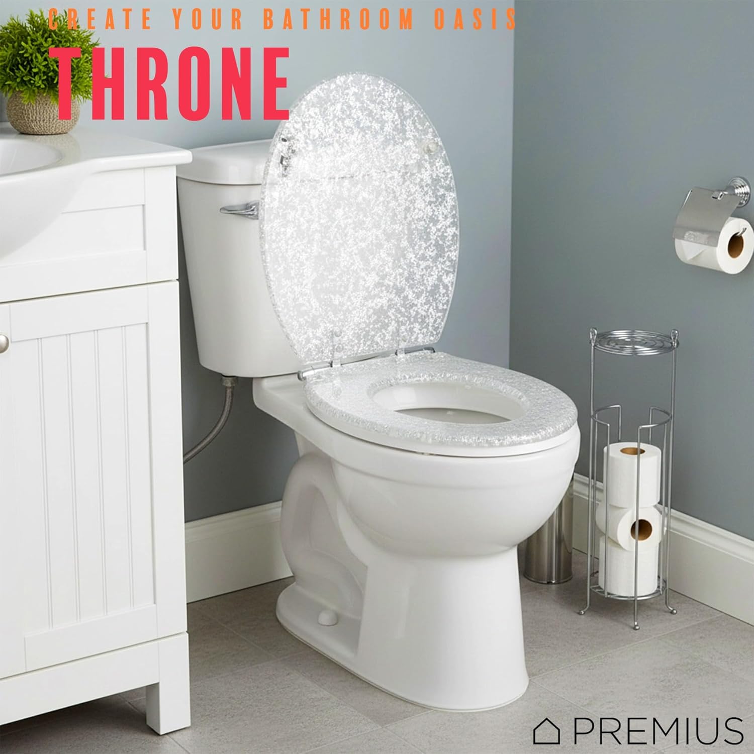 Polyresin Silver Leaf Toilet Seat By PREMIUS, Standard Round, 17 Inches, Clear, Unique & Eye-Catching Design, Shimmering Silver Leaf Accent, Stainless Steel Hinges, Easy to Clean, Grip Tight Bumpers