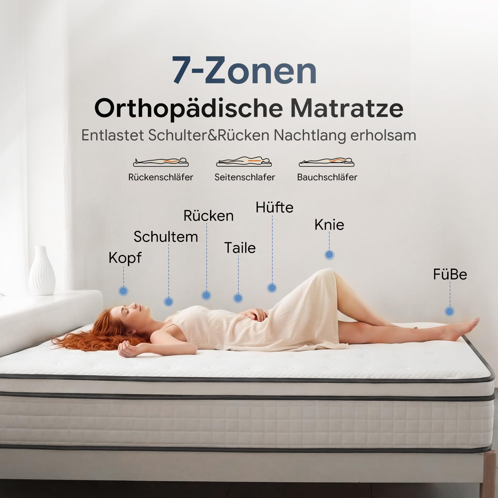 Matratze 180x200 cm Höhe 25cm, 7-Zonen Orthopädische Federkernmatratze mit Comfort Memory-Schaum Schicht, Härtegrad H3, Rückenentlastende