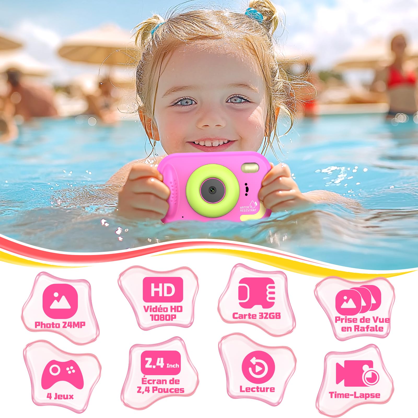 Appareil Photo Enfant Étanche Flottant 10M – 1080P Avec 32 Go, Écran 2,4'', Flash LED – Cadeau Idéal 3-12 Ans