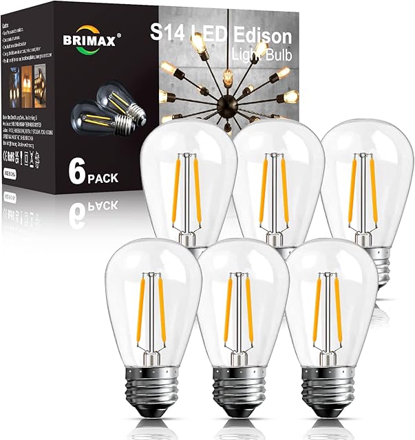 BRIMAX e27 żarówka ledowa ciepła biel, 2W odpowiednik 20W żarówki, 2700K zamiennik żarówki e27 do lamp sznurkowych S14, lamp stołowych, lamp wiszących, kinkietów itp, opakowanie 6 szt.