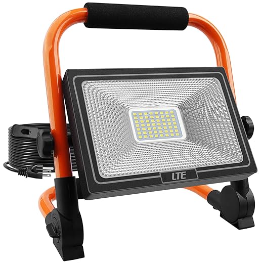LTE 50W LED Work Light, 5000LM Portable Lights 500W Equivalent, IP66 Waterproof Outdoor Flood Light 16.4FT Cord with Plug, 5000K, Adjustable Job Site Lighting for Workshop Garage Construction Site