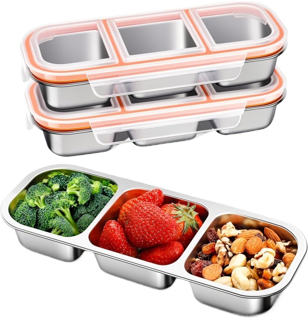 4 pz 304 Contenitori for Snack In Acciaio Inox A Prova di Perdite 3 Scomparti Bento Box for Adulti Scuola Lavoro Viaggio Pranzo Impilabile per Snack