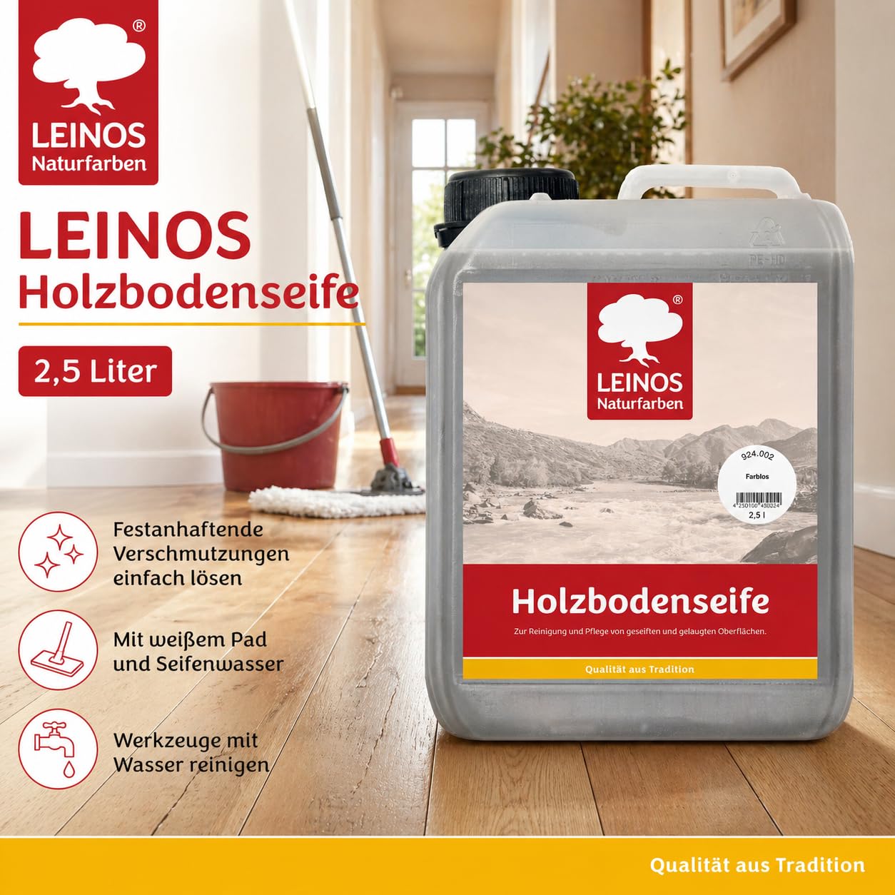 LEINOS Holzbodenseife 924 farblos 2,5 Liter– Erstbehandlung & Unterhaltsreinigung für gelaugte/geseifte Weichholzböden | rückfettend, hochkonzentriert | für Innenflächen
