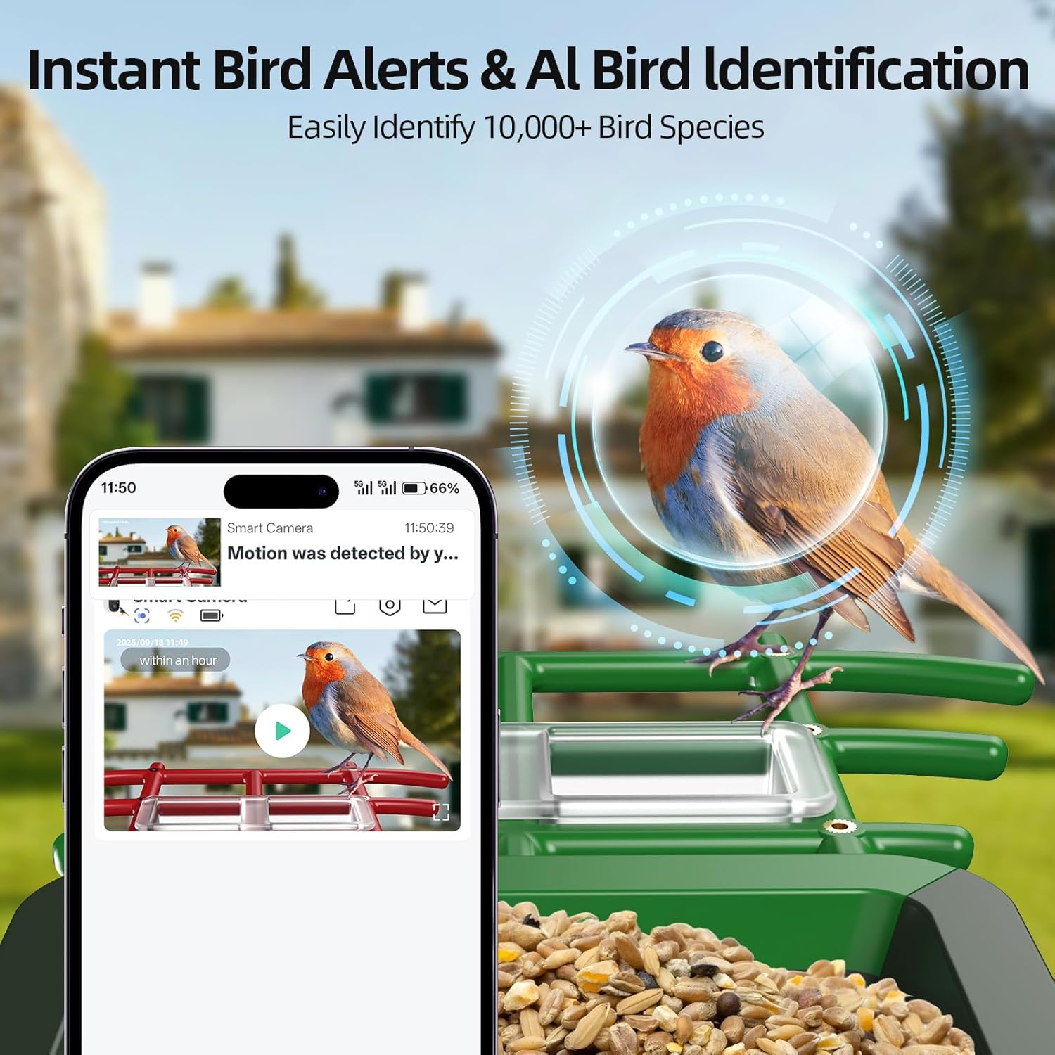 3K HD Smart Bird Feeder with Camera, 2.4GHz WiFi Solar Powered Smart Feeder, AI Bird Species Identification & Real-Time App Alerts, Chew-Proof & Waterproof for Outdoors（Green）