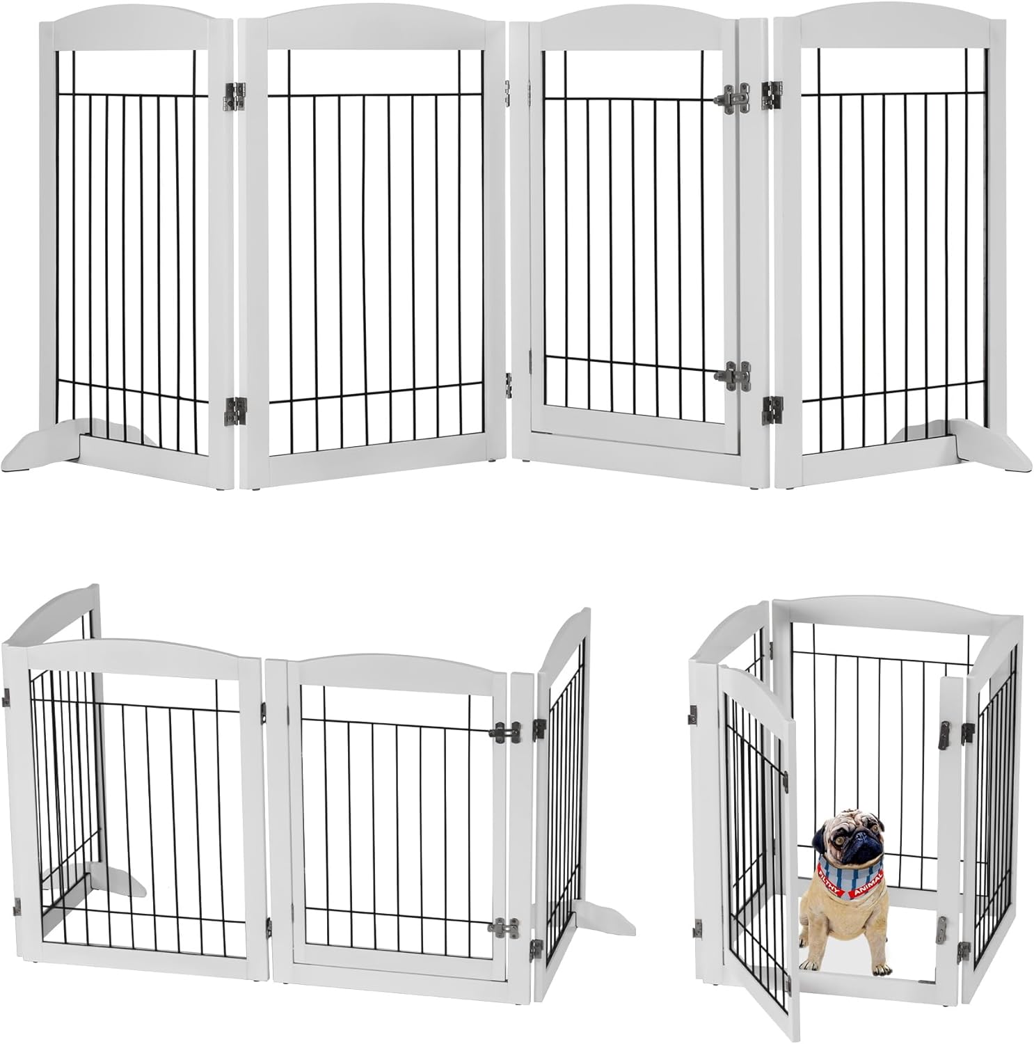 Freestanding Pet Gate with Door, Foldable Wooden Indoor Dog Gate for House, Stairs, Pet Puppy Safety Dog Fence, Doorways 32” Tall Pet Gate 4 Panels Fence with Feet Support,White