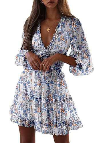 Dokotoo Womens 2025 Spring Summer Deep V Neck Long Sleeve Backless Ruffle Floral Flowy Mini Dress