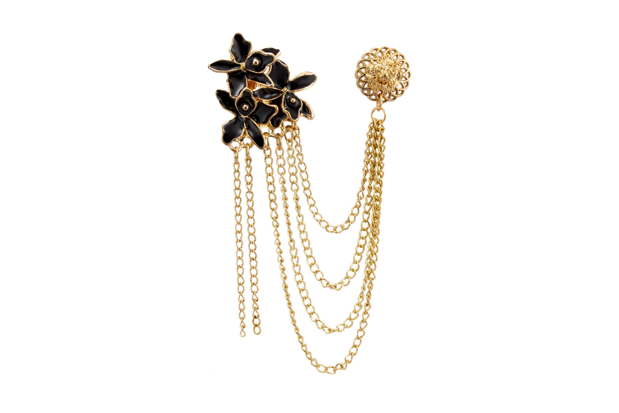 KnighthoodBrooch Lapel Pin for Men Black and Gold Flowers with Hanging Chain and Abstract Detailing Lapel Pin Badge Coat Suit Wedding Gift Party Shirt Collar Accessories