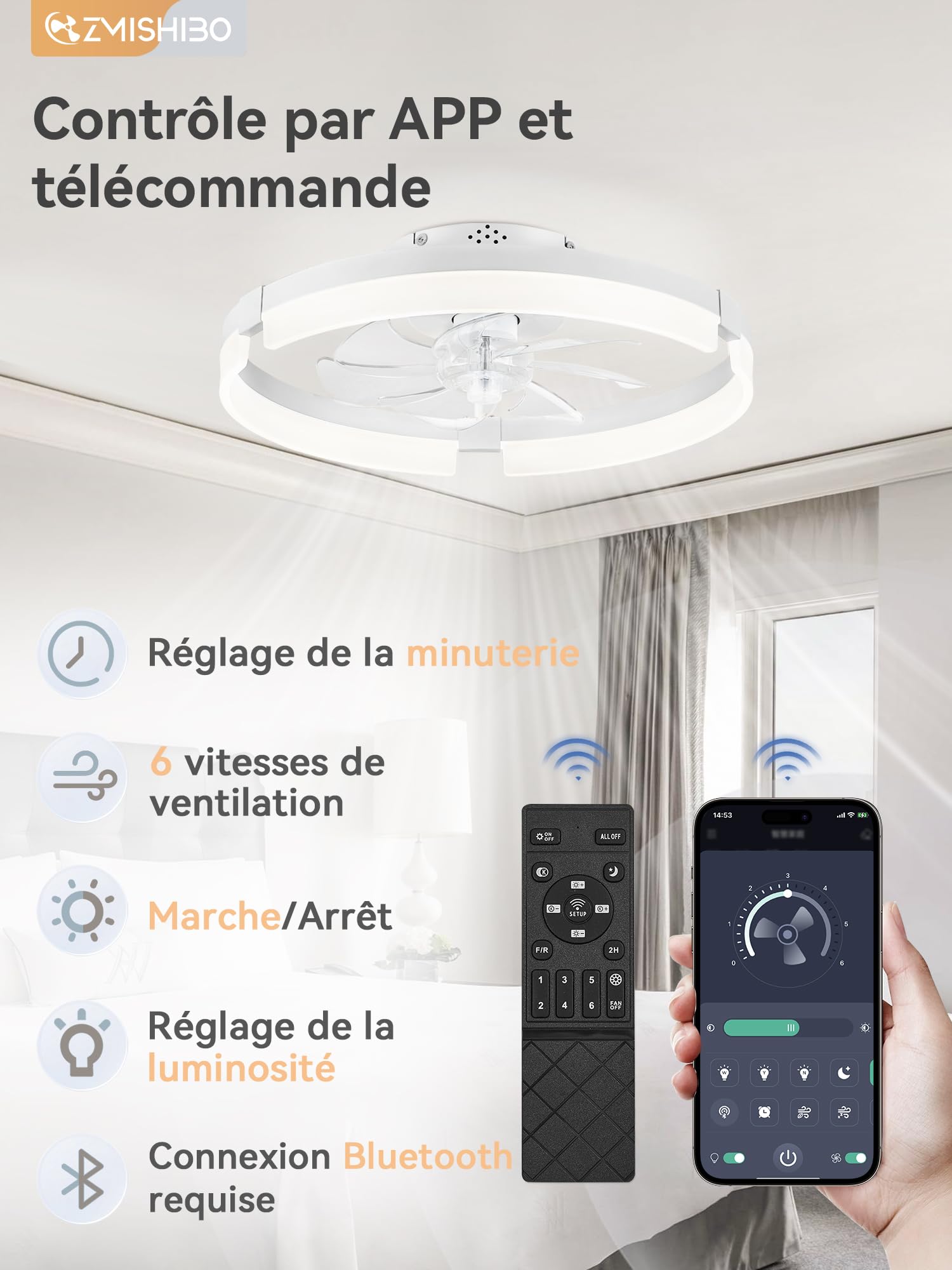 ZMISHIBO Ventilateur de Plafond 50 cm Moderne avec Lumière LED, Profil Bas, Silencieux, Flux Réversible, 6 Vitesses, 3 Couleurs de Lumière, Chambre/Salon, Blanc
