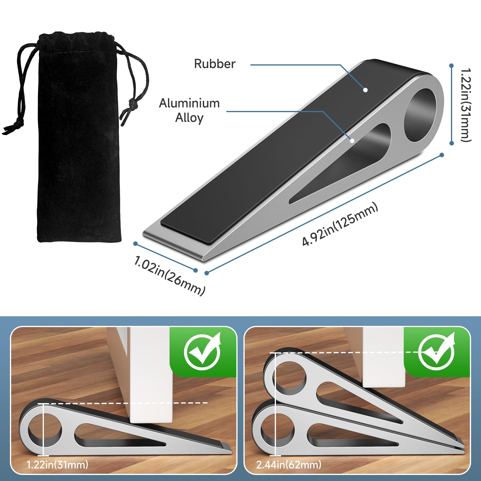 Paquete de 4 topes de puerta para la parte inferior de la puerta, de aluminio y goma, tope de puerta resistente para piso, mantiene las puertas abiertas en el hogar, apartamento, oficina, hotel, color