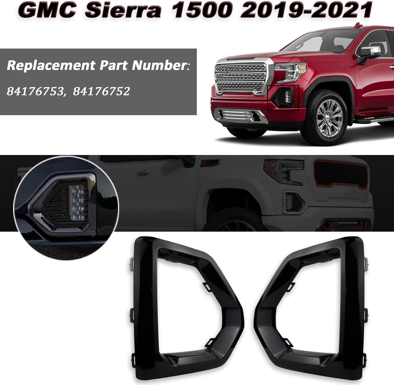 1 Pair Front Fog Light Bezel Cover Exterior Trim Replacement Compatible with GMC Sierra 1500 4-Door 2019-2021 Denali SLT AT4 Front Bumper Frame（Black)