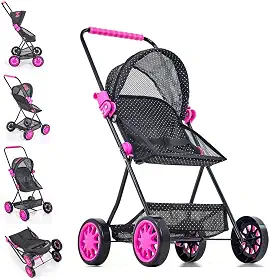 Carrinho de Boneca Baby Sag Preto com Porta Objeto Preto Laço Pink