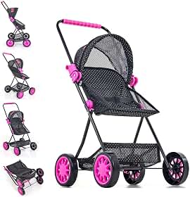 Carrinho de Boneca Baby Sag Preto com Porta Objeto Preto Laço Pink