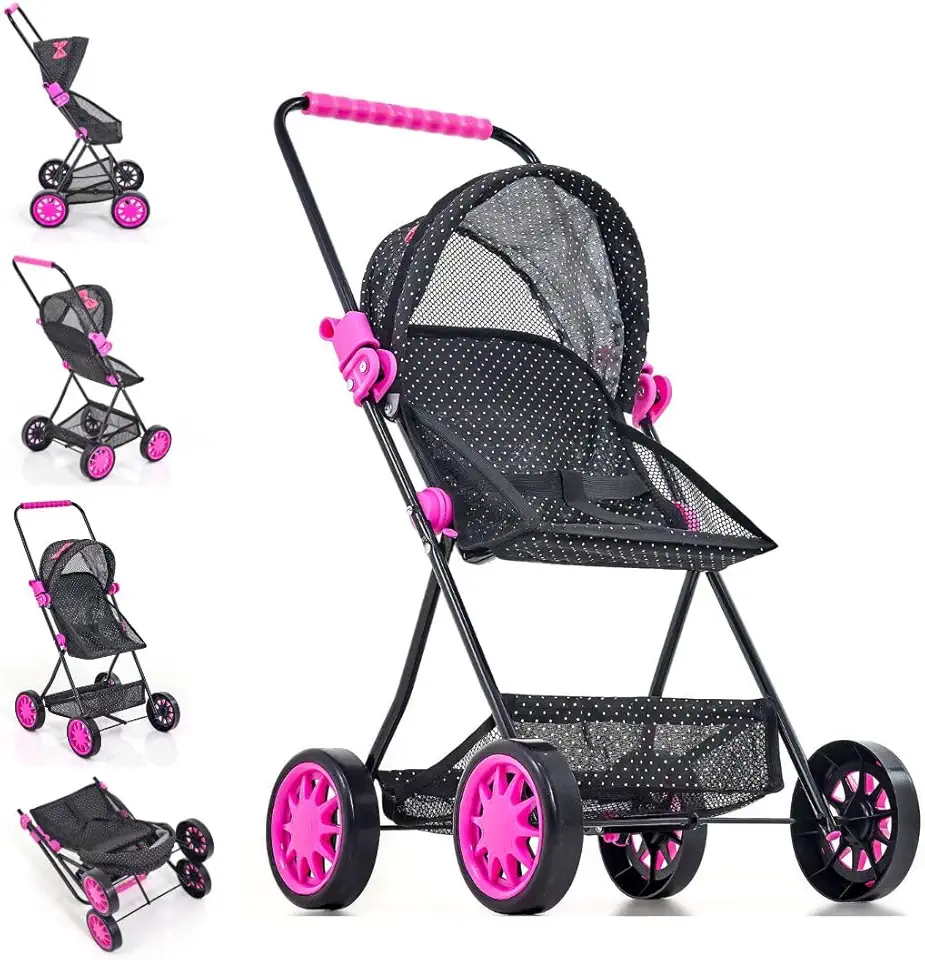 Carrinho de Boneca Baby Sag Preto com Porta Objeto Preto Laço Pink