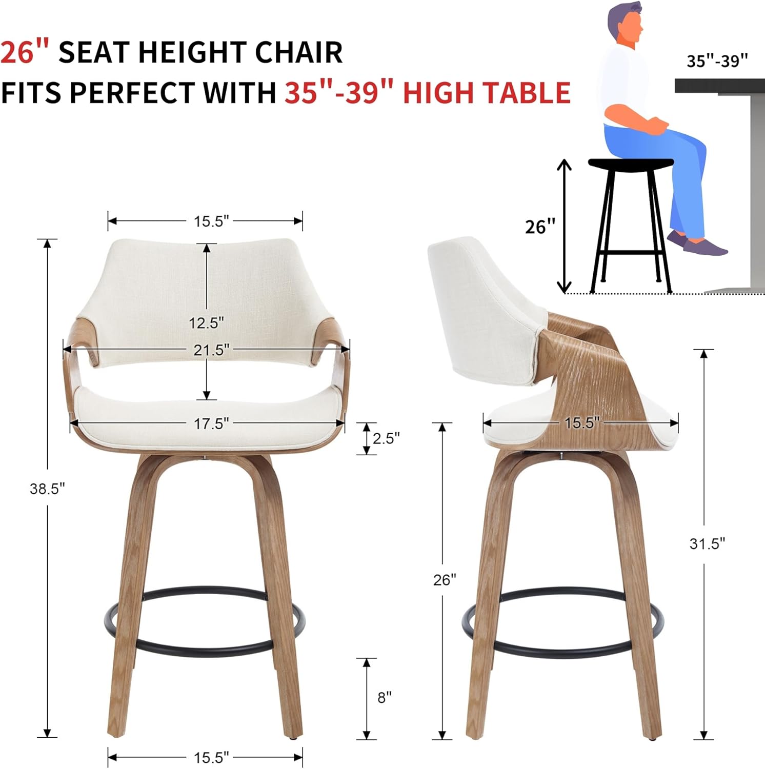 RIVOVA 26" Swivel Counter Height Bar Stools Set of 2, Upholstered Linen Barstools with Back, Modern Kitchen Island Stools Bar Chairs with Bentwood Wood Frame, Beige