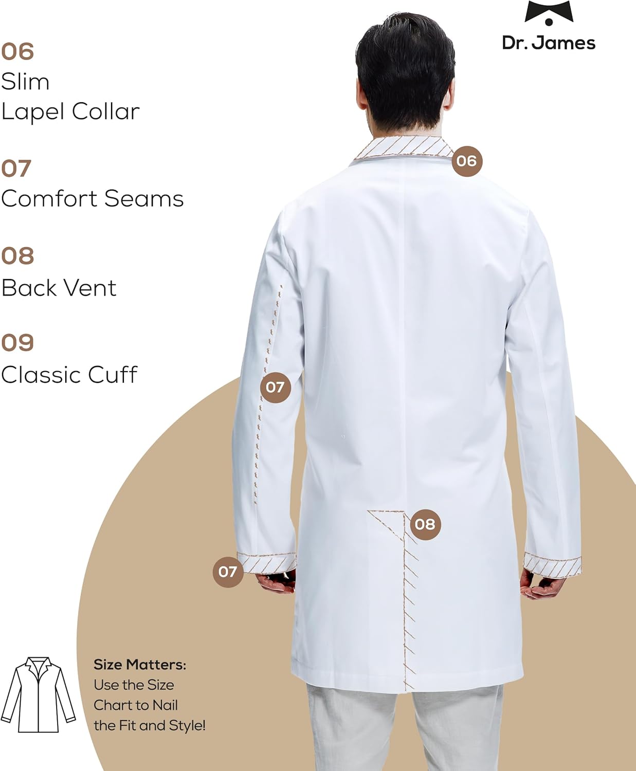 Dr. James Men’s Lab Coat – White Medical Coat, Tailored Fit, Button Closure, Phone & Tablet Pockets, 38” Length, OEKO-TEX®