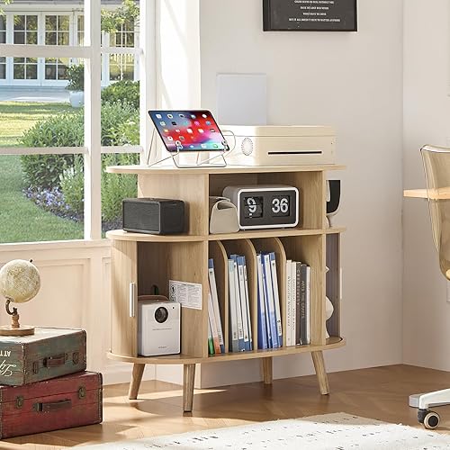 Miniatura 8 de LELELINKY Soporte redondo grande para tocadiscos con estación de carga y estante de exhibición estriado, gabinete giratorio moderno de mediados de