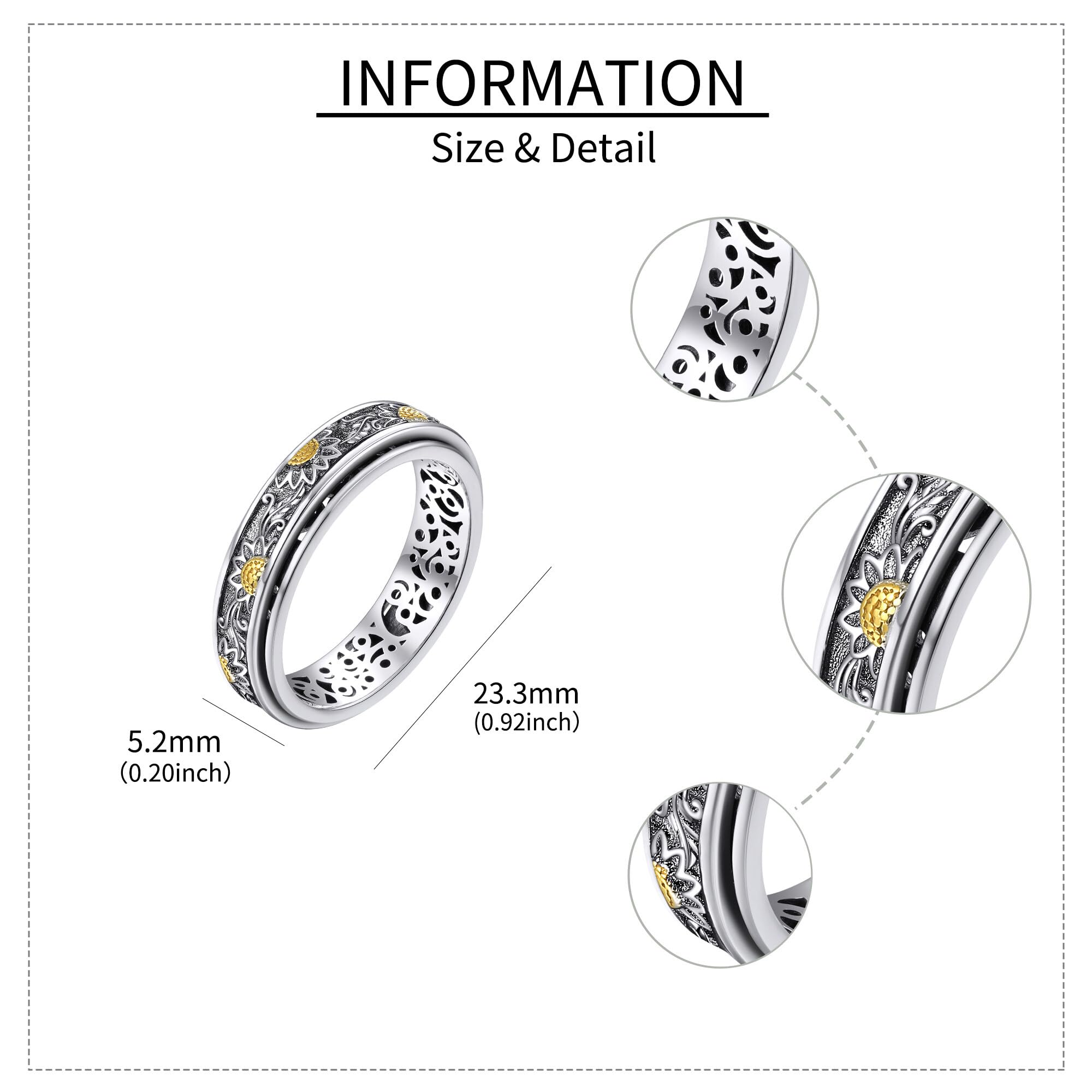 Anillo giratorio de girasol de plata de ley con flores para aliviar el estrés para mujeres, regalo para mujeres