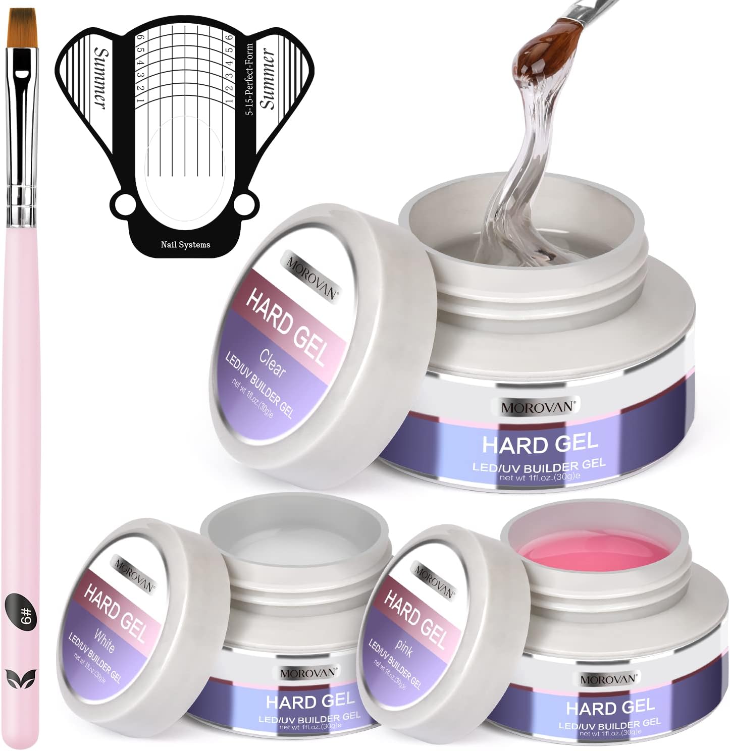 MorovanBuilder Gel for Nails 3 colors 1oz LED/U V Gels Clear Pink White Strengthen Nail Extension Gel Nail Art Manicure Set with Nail Forms