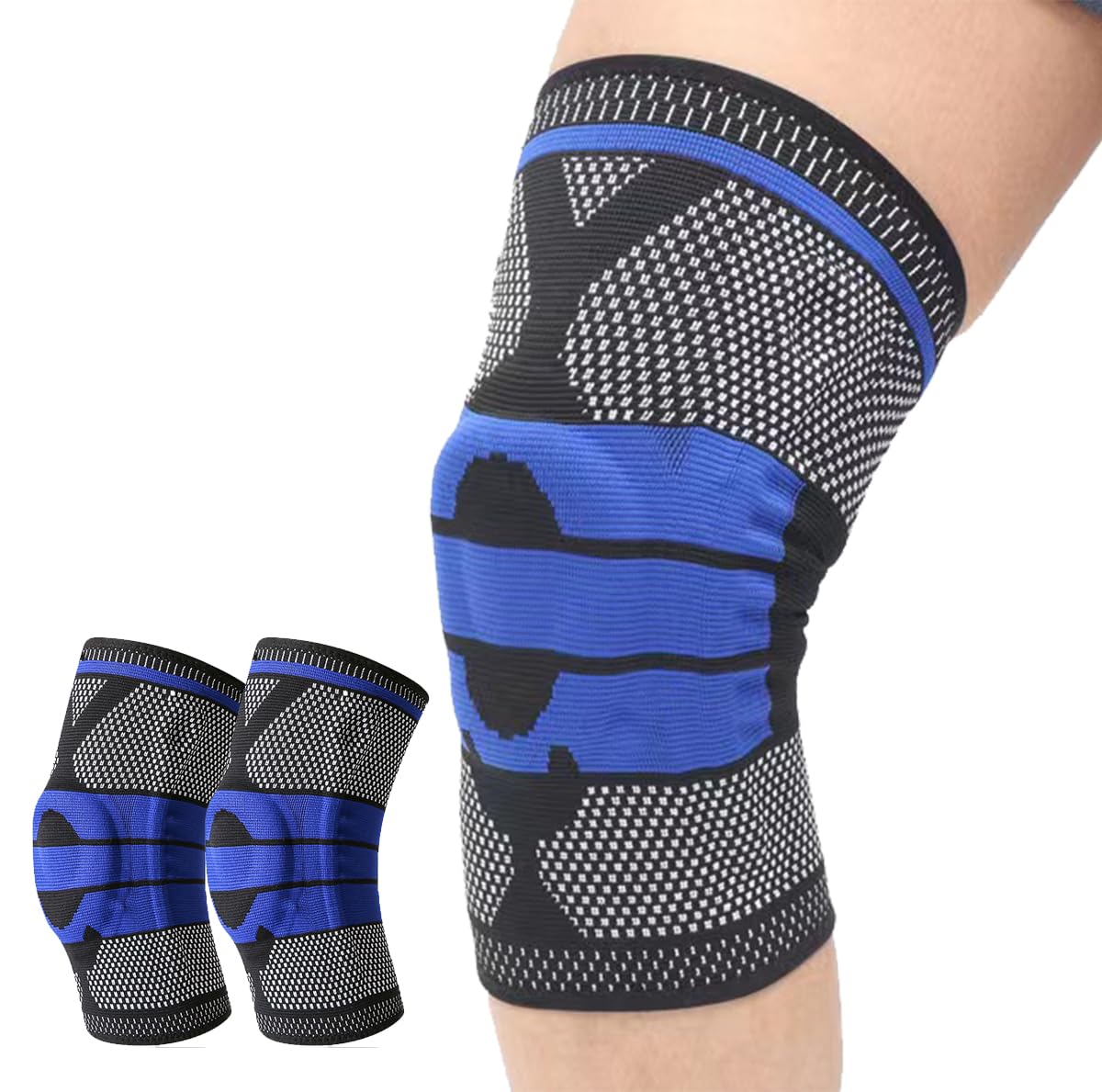 2 Pack Knee Sleeves for Men Women, Compression Knee Brace Knee Sleeve with Side Stabilizers & Patella Gel Pad, Knee Bands for Pain Relief Knee Braces