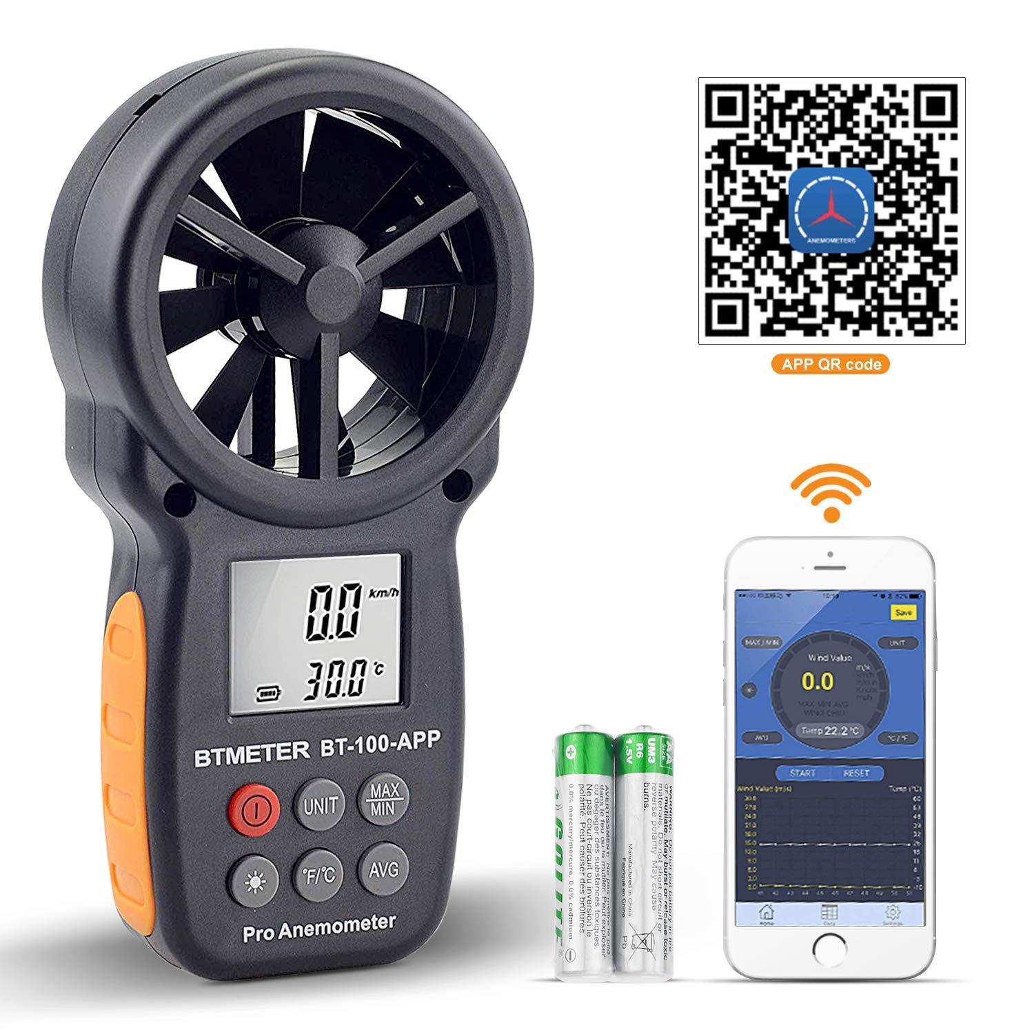 BTMETER Cyfrowy anemometr prędkości wiatru, ręczny, bezprzewodowy anemometr łopatkowy Bluetooth do pomiaru chłodu wiatru, prędkości, pomiaru temperatury BT-100APP