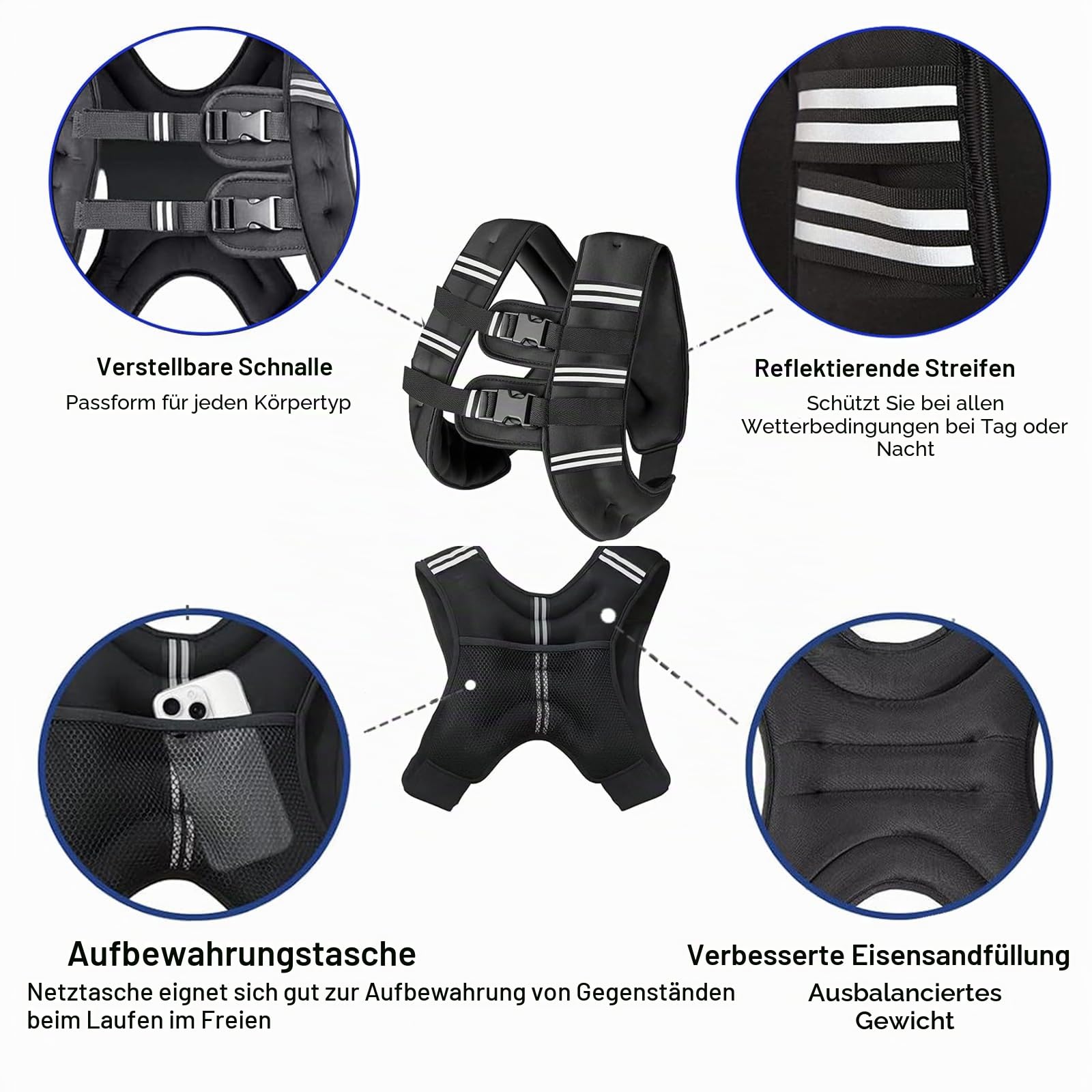 Gewichtsweste herren und frauen,Gewichtsweste mit Reflektierend Streifen für Laufen, Fitness, Krafttraining,Muskelaufbau,Brustgröße Verstellbar, Praktische Tasche