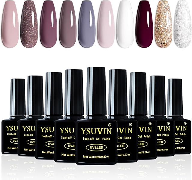Yueshop 10pcs Gel Nail Polish Set, 10 Colors Nude Pink Brown White Glitter Gold Sliver Gel Polish Set Soak off UV/LED Gel Nail Polish Long Lasting Gel Varnish Manicure Set 8ml x10pcs (LIGHT+GLITTER)
