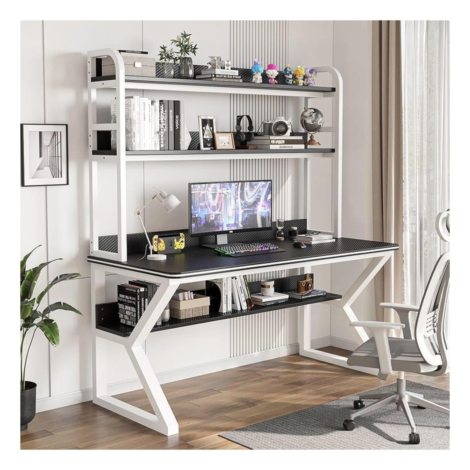 WDSOPK Computer desk Home Office Desk Computer Desk with Hutch and Bookshelf, PC Study Writing Desk,Bookshelf Workstation for Study Play Work Bedroom Home Office（Black+white-47Inch）
