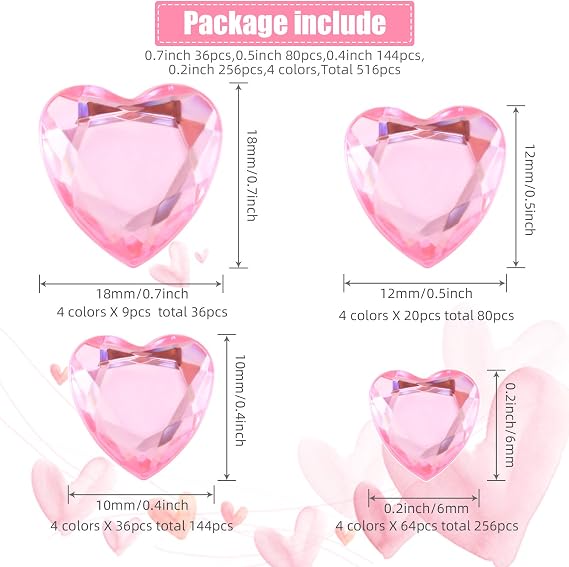 Chuangdi 516 Pcs Heart Rhinestones Sticker Acrylic Heart Gems Stickers Crystal Gems Self Adhesive Flat Back Jewel Rhinestones for DIY Crafts(Bright Color)