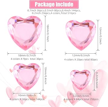 Chuangdi 516 Pcs Heart Rhinestones Sticker Acrylic Heart Gems Stickers Crystal Gems Self Adhesive Flat Back Jewel Rhinestones for DIY Crafts(Bright Color)