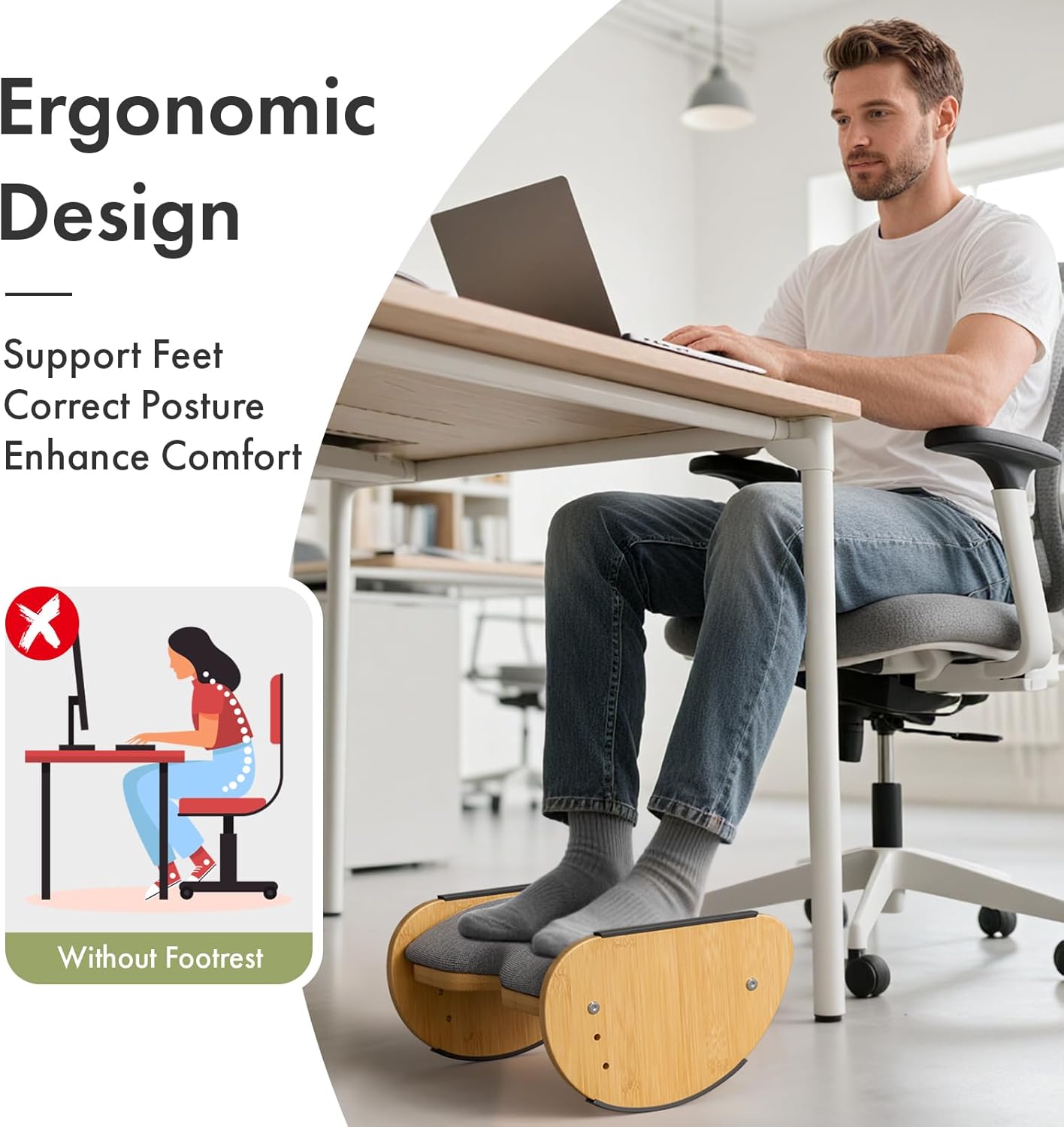 Amazer Bamboo Under Desk Footrest with Cushion 3-in-1, Reversible Ergonomic Wood Rocking Foot Rest for Under Desk at Work, Adjustable Foot Stools with Washable Cover, Desk Leg Rest for Home Office