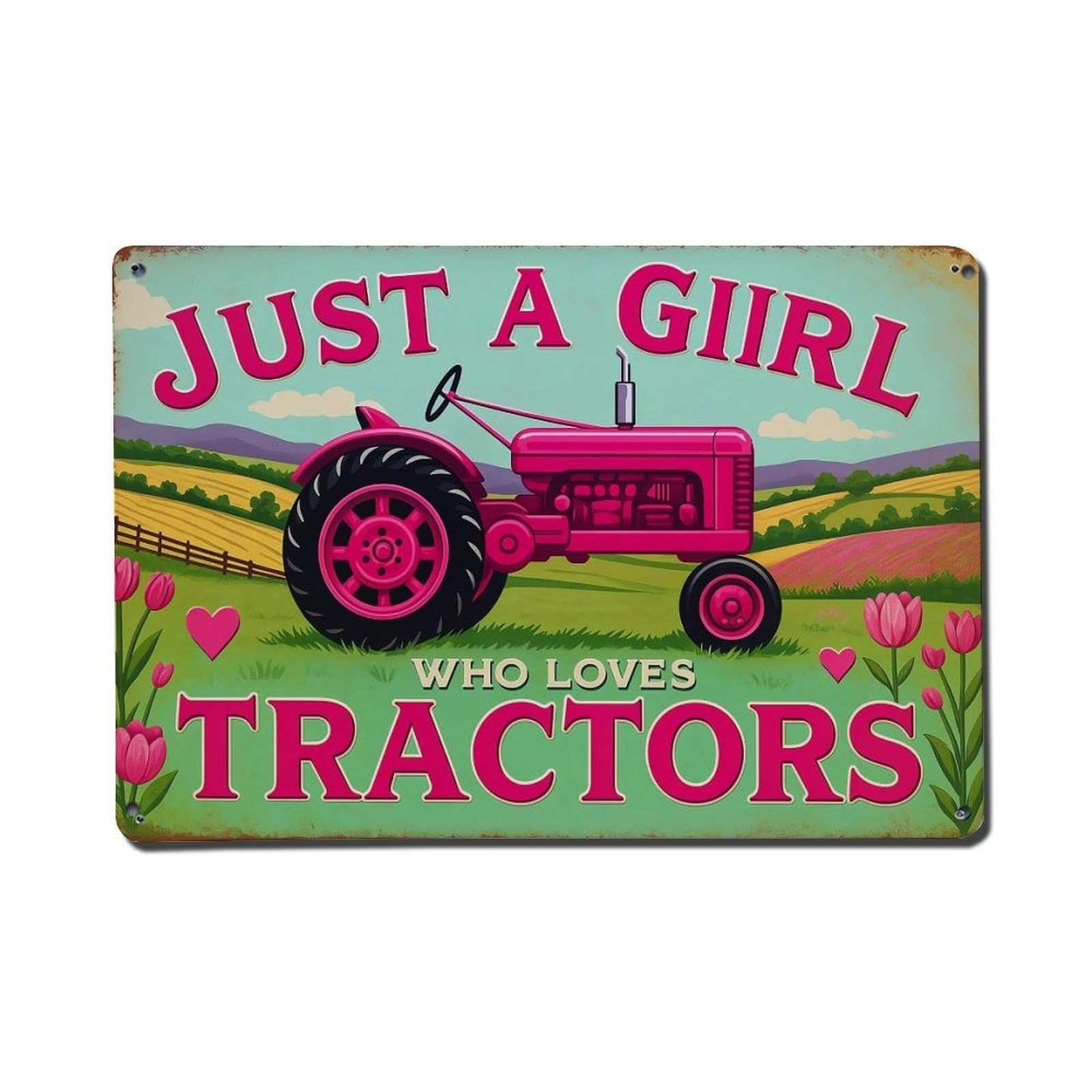 Jdfenggu Girls Vintage Just A Who Loves Tractors Retro Metal Tin Sign, Metal Poster For Bar, Home, Man Cave, Kitchen, Laundry Room Art Decor 8X12 Inch