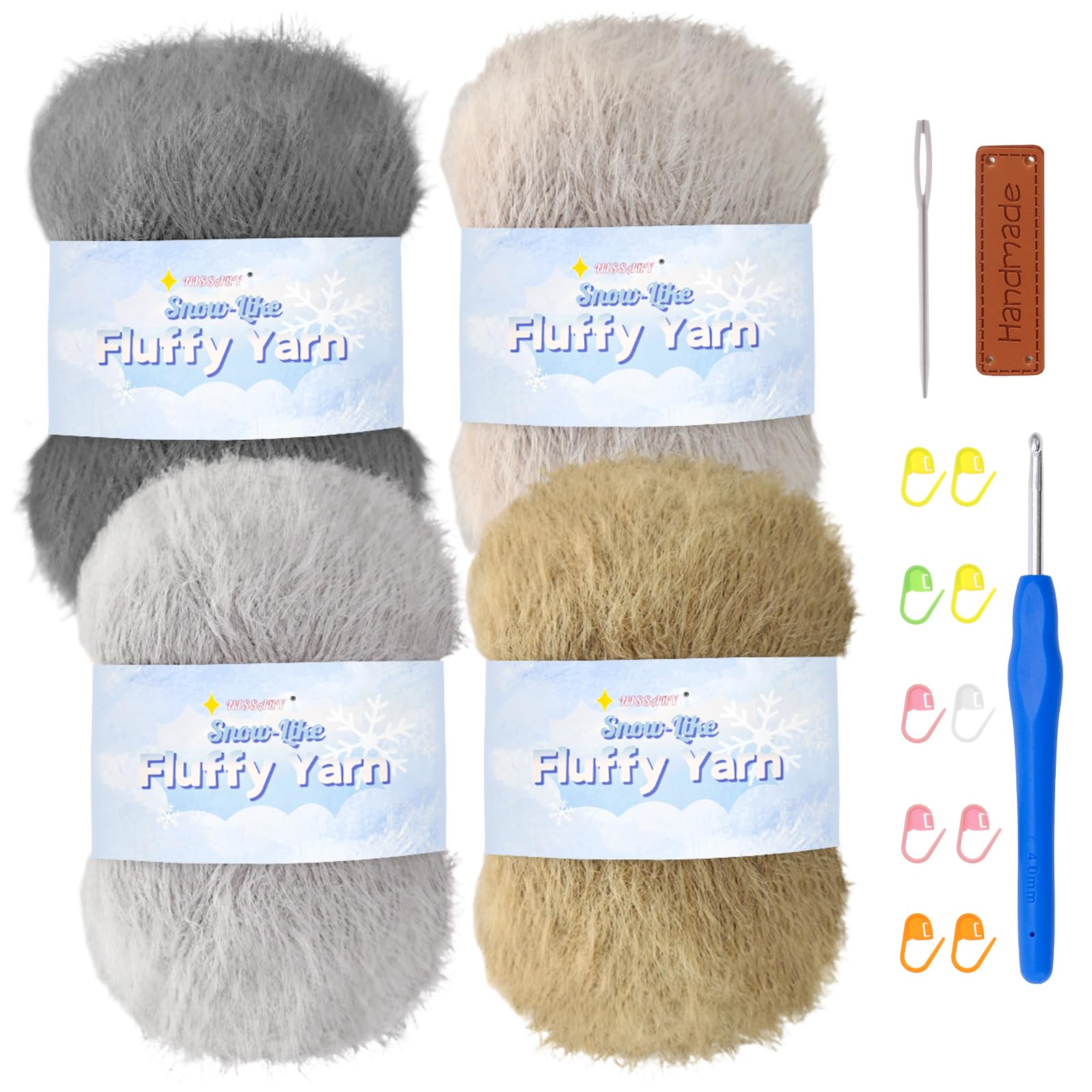 Nissary Plush Yarn for Crochet — 4 x 100g Crochet Wool, Fluffy DK Yarn with Hook & Accessories Kit — 218 yds / 200m per Ball for Beginners, Amigurumi & Handmade Gifts Grey-4