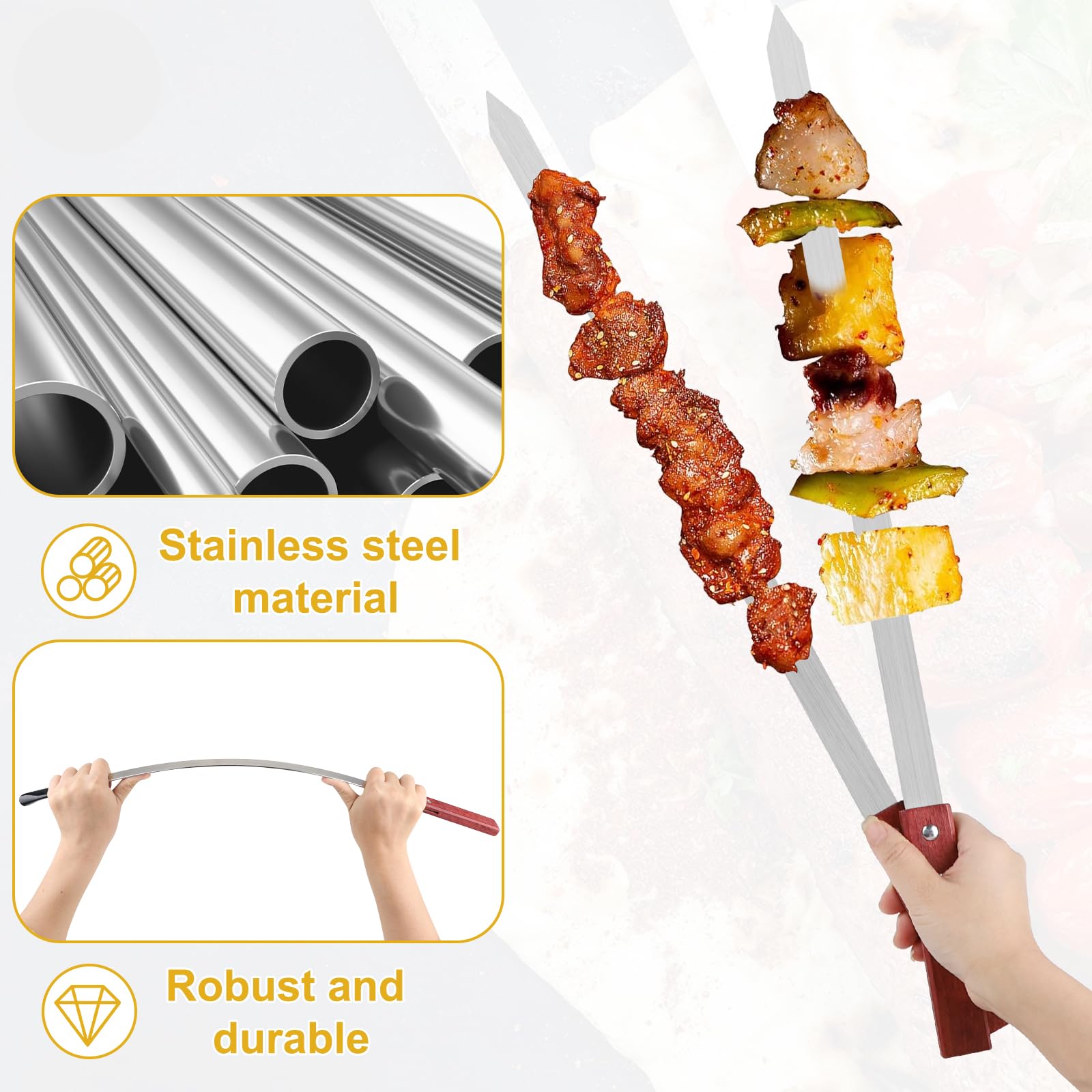 LALAGO 10 pezzi di spiedini piatti in acciaio inox, spiedini Adana da 59,4 cm, spiedini extra lunghi per barbecue, spiedini per carne, forchetta per carne, spiedini in metallo, accessori per barbecue