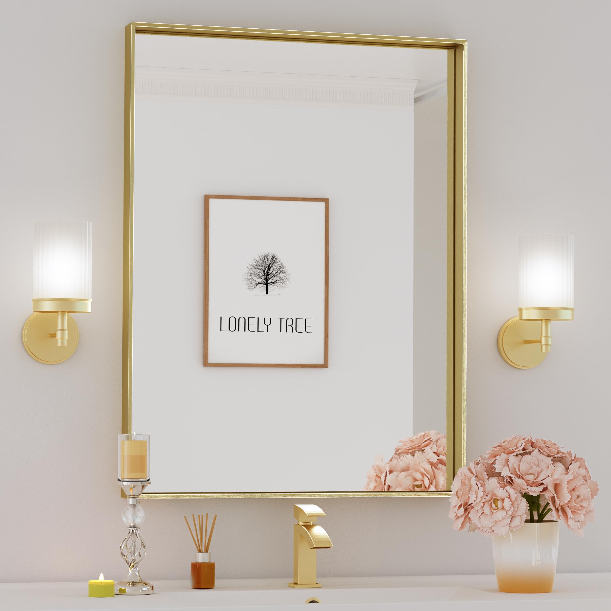 TETOTE Brushed Gold Bathroom Mirror 40 x 30 Inch Rectangle Gold Metal Framed Bathroom Vanity Mirror, Modern Farmhouse Rectangular Brass Frame Large Wall Mirror for Over Sink (Horizontal/Vertical)