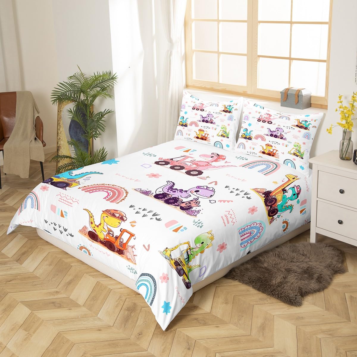 Dinosaur Cars Duvet Cover Queen Size,Watercolor Rainbow Cartoon Construction Vehicle Comforter Cover for Teens Youth,Boys Girls Toddler Kawaii Dino Cars All Season Super Soft Bedding (Not Comforter)