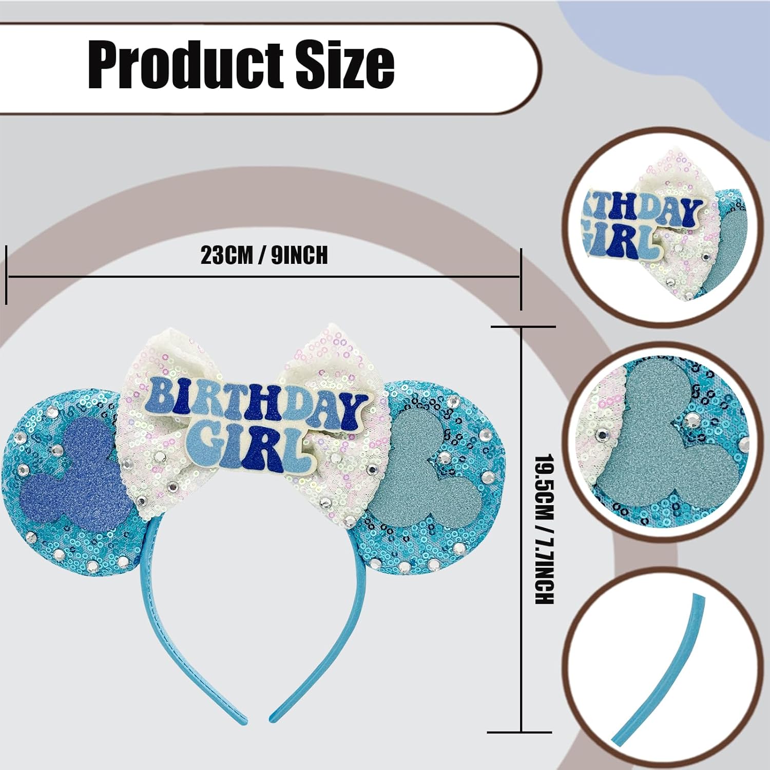 Birthday Girl Mouse Ears Headband Blue Glitter Party Hair Band with Bow for Women, Girls, Birthday Celebration Accessories