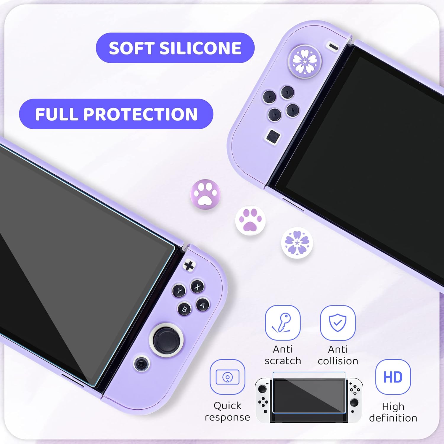 RHOTALL Sakura Embossing Cute Carrying Case Set for Nintendo Switch OLED, Accessories Bundle for Switch OLED with Hard Case, Screen Protector, 4 Thumb Caps, Wrist Band and Shoulder Strap (Purple)