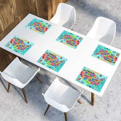 Miniatura 6 de Juego de 6 manteles individuales para mesa de comedor con diseño de mapa de América de dibujos animados (lavables)