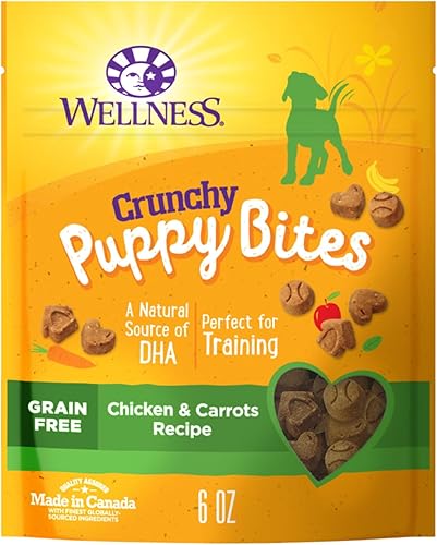 Wellness Golosinas para cachorros, naturales, golosinas de entrenamiento, sin granos, pollo crujiente y zanahoria (bolsa de 6 onzas)