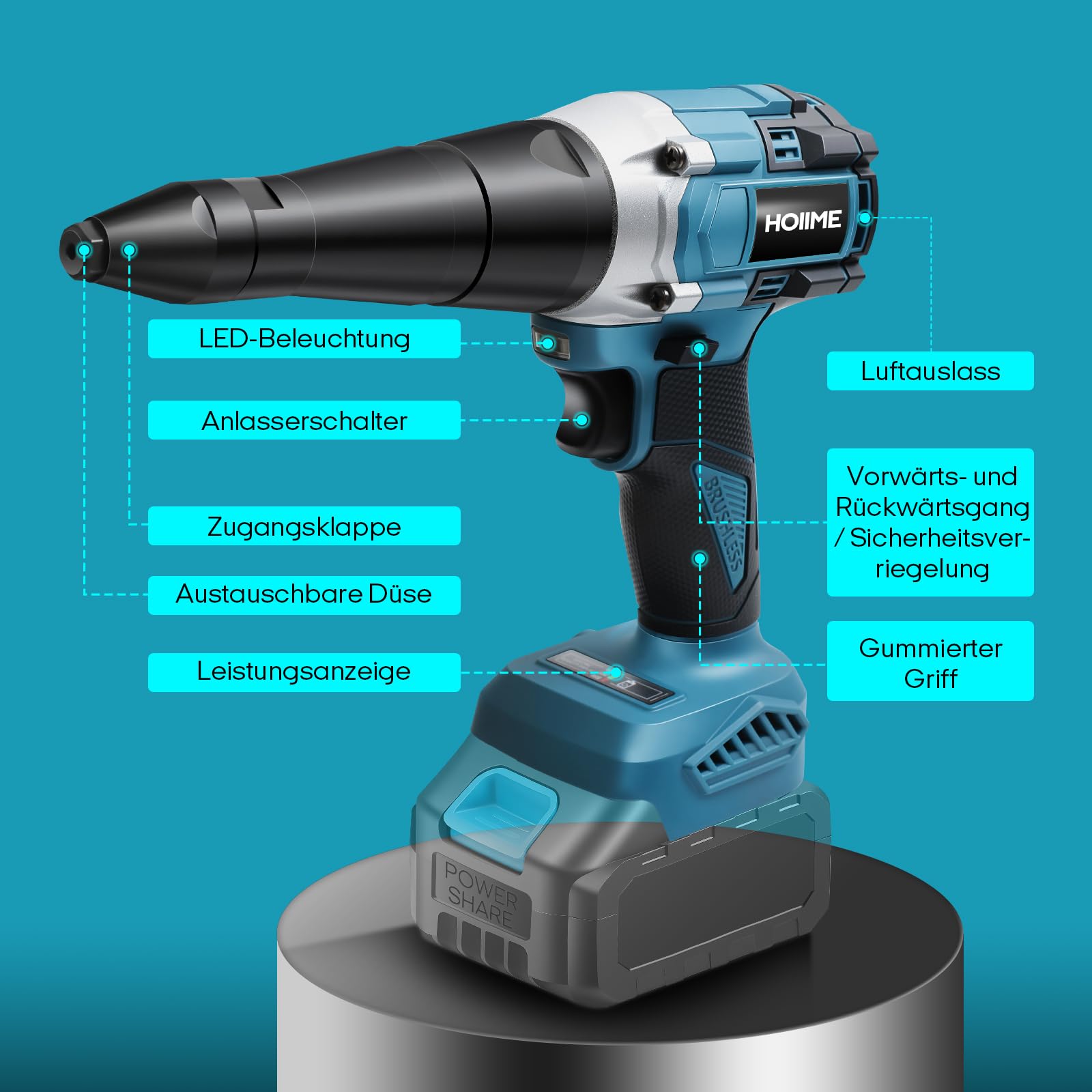Maki-ta - Remachadora inalámbrica para batería de 18 V, pistola de tuerca remache inalámbrica de 20.000 N, pistola de remache eléctrica automática sin escobillas, para remaches de 3, 4, 5 mm, con 150