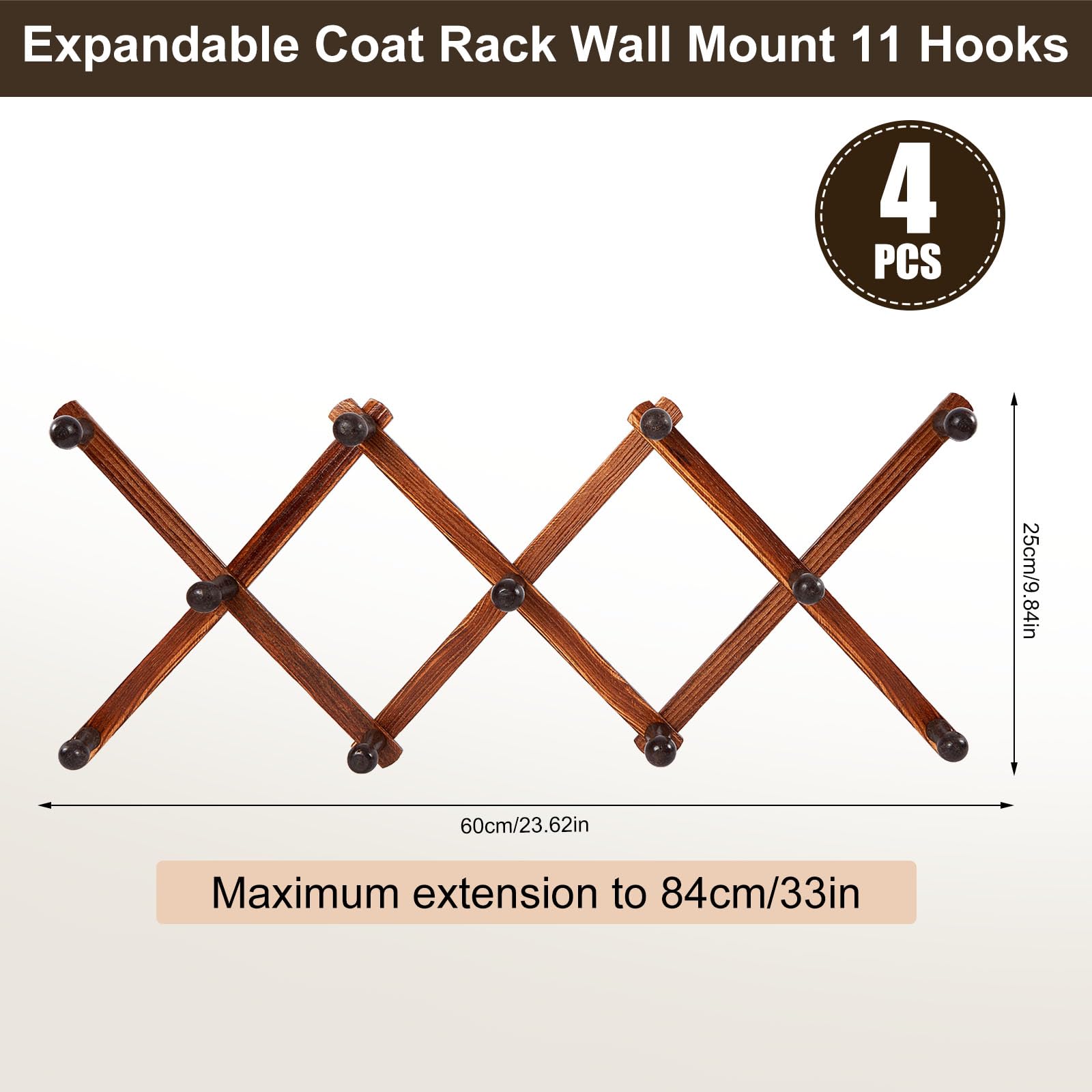 4 Pcs Expandable Hat Rack Coat Rack Wooden Accordion Wall Hanger Wall Mount Hat Holder for Hanging Coffee Mug Cup Jackets Purses Necklaces Towels Leash Belt Umbrella(11 Hooks,Carbonization)