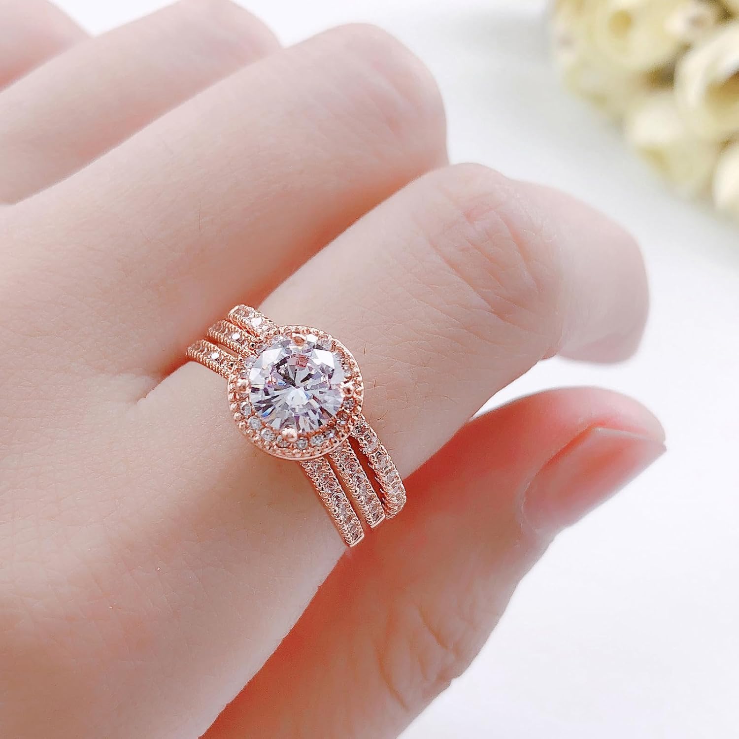 Wedding Ring Set for Women Three-in-One Engagement Rings 18K White/Rose Gold Plated Cubic Zirconia Promise Eternity Band Stackable Rings for Size 5-10