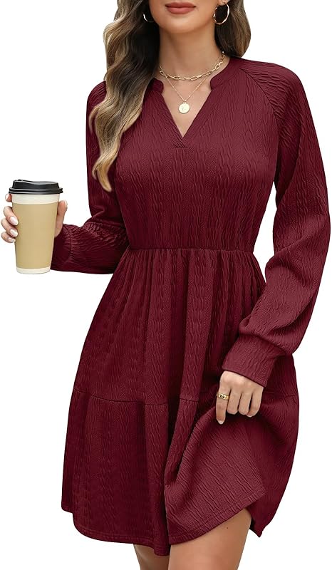 CMTOP Robe Femme Chic et Elegant Robe Manches Longues Décontractée Col en V Robes Automne Hiver Taille Haute Ligne A Robe Mini Longue Dress avec Poches