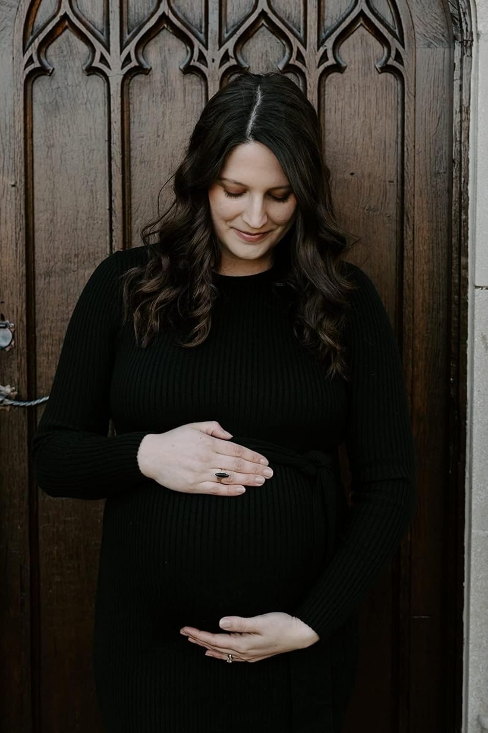 Crewneck Maternity Sweater Dress Rib Knit Long Sleeve Slit Pregnancy Dress Clothes with Belt - Image 4