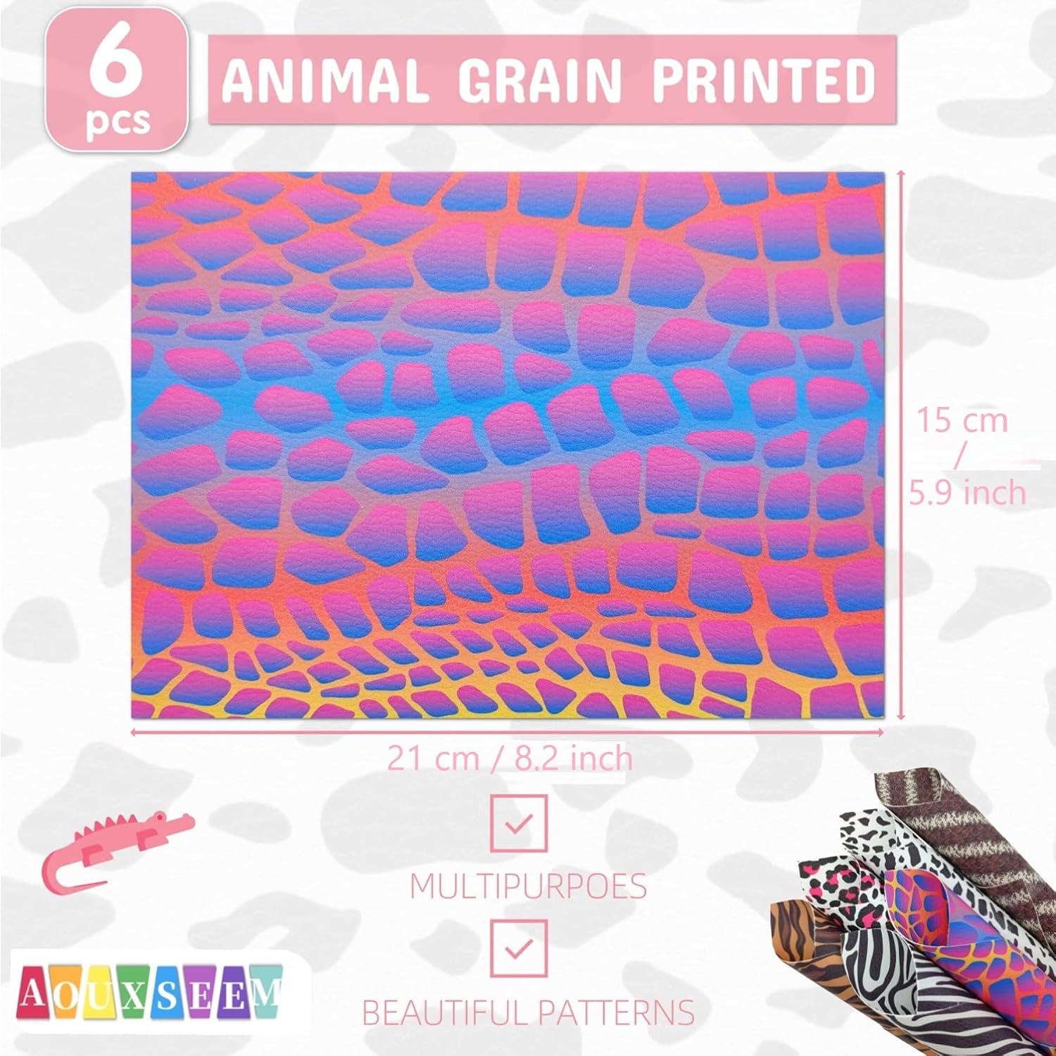 AOUXSEEM 6 Pcs Double Sided Faux Leather Sheets for Earrings Jewelry Making, A5 Size Printed Superfine Glitter Thick Synthetic Vinyl Fabric Bundle for DIY Crafts(8.2 x 5.9 inch) (Animal)