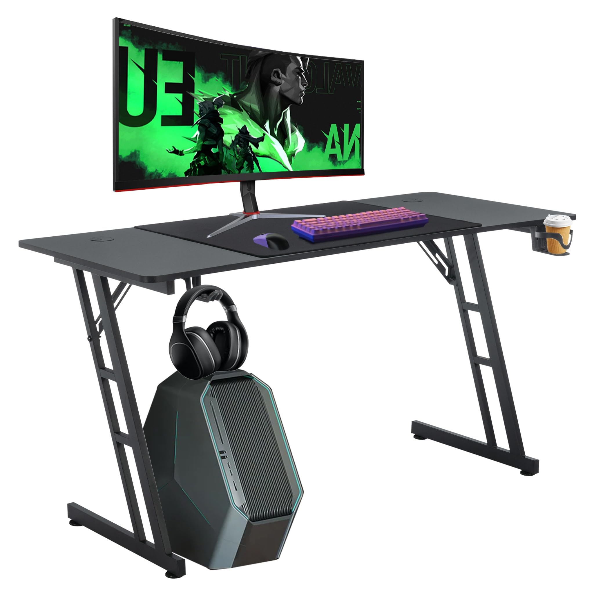 FIVMEN Schreibtisch Gaming Tisch 140x60cm Höhenverstellbar Gamingtisch mit Kabelloch & Kopfhörerständer & Tassenhalter, Kohlefaserplatte Ergonomischer PC Computertisch