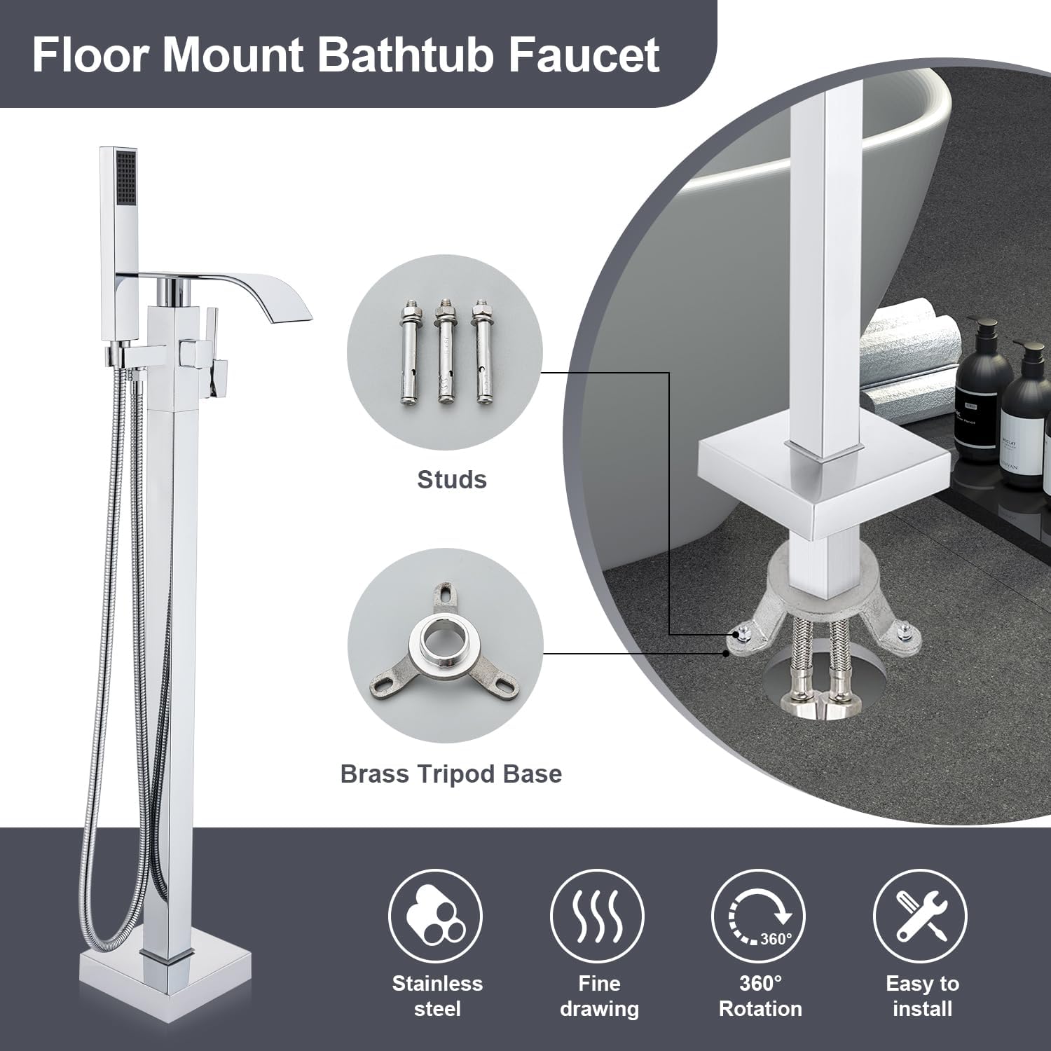 Senlesen Bathroom Chrome Freestanding Tub Faucet Floor Mounted Bathtub Shower Faucet with Handheld Sprayer