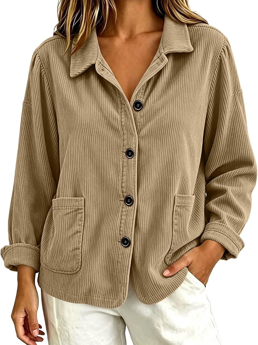 Women Lapel Collar Corduroy Shackets Long Sleeve Button Down Jackets