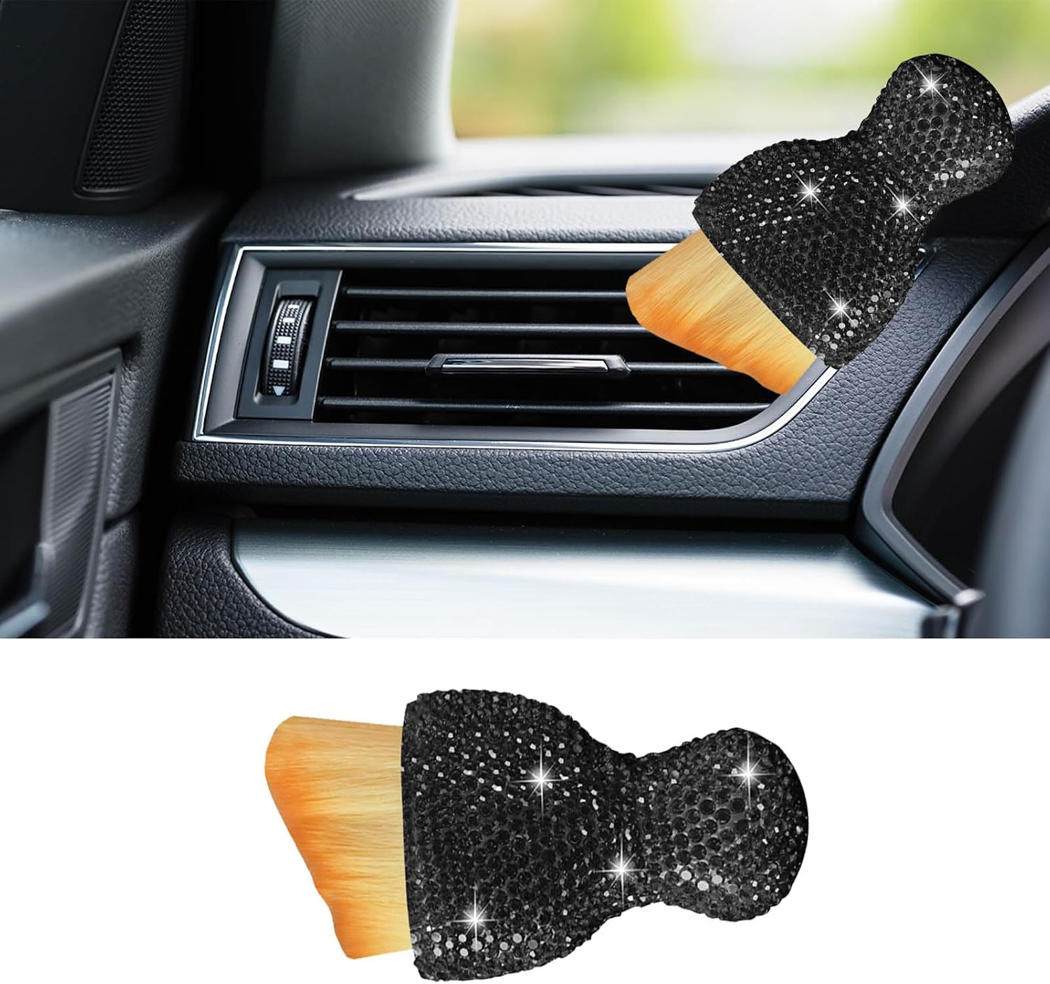 Car Detailing Cleaning Brush, Auto Interior Dust Brush with Diamond, Handle Soft Bristles Dusting Tool, Scratch Free Dirt Clean Brushes for Vehicle Dashboard, Air Conditioner Vent (Black)